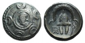Kings of Macedon. Anonymous, after 311 BC. Æ (16mm, 5.24g, 11h). Macedonian shield, in centre head of Herakles in lionskin. R/ Macedonian helmet; mono...