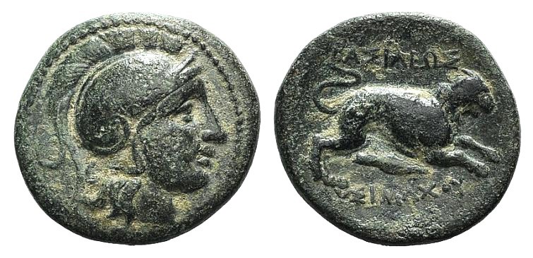 Kings of Thrace, Lysimachos (323-281 BC). Æ (18mm, 5.26g, 12h). Helmeted head of...