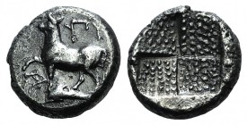 Thrace, Byzantion, c. 387/6-340 BC. AR Drachm (13mm, 3.59g). Bull standing l. on dolphin l.; monogram to lower l. R/ Quadripartite incuse square with ...