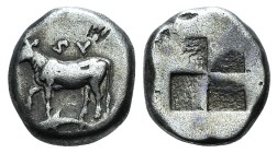 Thrace, Byzantion, c. 387/6-340 BC. AR Drachm (15mm, 5.32g). Bull standing l. on dolphin l. R/ Quadripartite incuse square with stippled quarters. SNG...