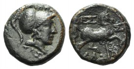 Thessaly, Thessalian league, late 2nd-mid 1st century BC. Æ Dichalkon (15mm, 4.43g, 12h). Ippaitas, magistrate. Helmeted head of Athena r. R/ Horse tr...