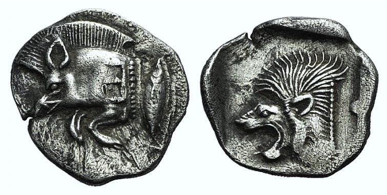 Mysia, Kyzikos, c. 450-400 BC. AR Obol (11mm, 0.86g, 5h). Forepart of boar l.; t...