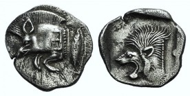 Mysia, Kyzikos, c. 450-400 BC. AR Obol (11mm, 0.86g, 5h). Forepart of boar l.; to r., tunny upward. R/ Head of lion l. within incuse square. Von Fritz...