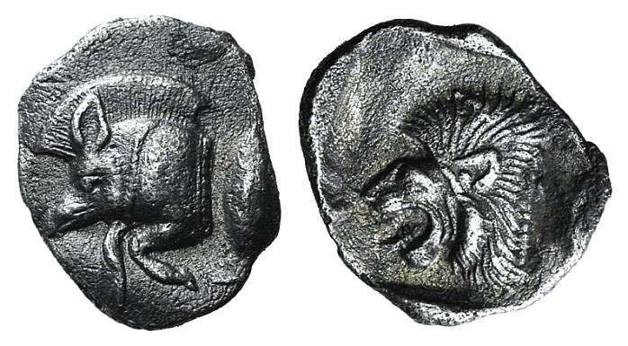 Mysia, Kyzikos, c. 450-400 BC. AR Obol (11mm, 0.78g, 9h). Forepart of boar l.; t...
