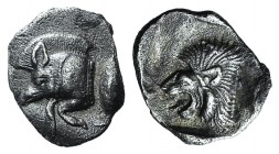 Mysia, Kyzikos, c. 450-400 BC. AR Obol (11mm, 0.78g, 9h). Forepart of boar l.; to r., tunny upward. R/ Head of lion l. within incuse square. Von Fritz...