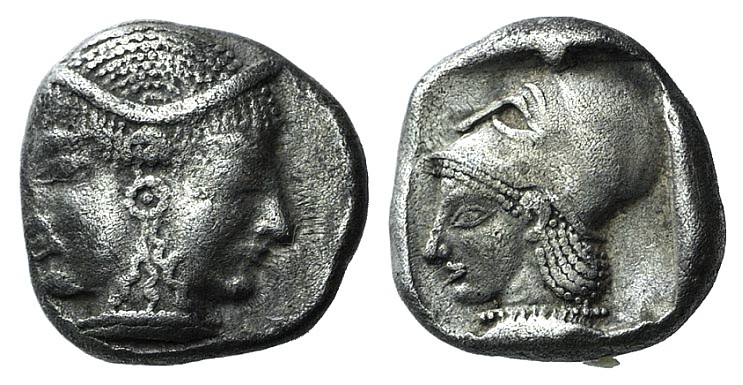 Mysia, Lampsakos, c. 500-450. AR Diobol (8.5mm, 1.23g, 9h). Female janiform head...