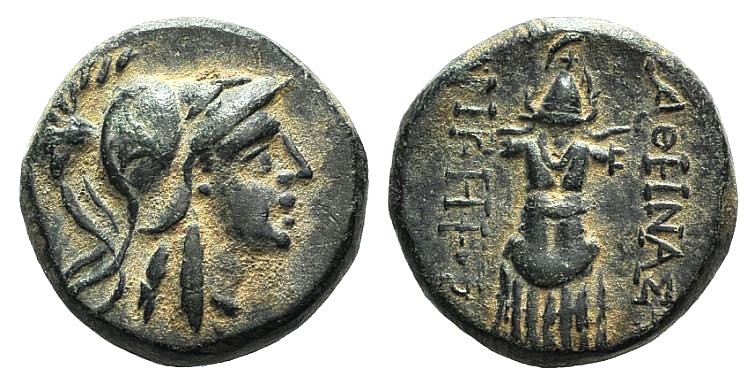 Mysia, Pergamon, c. 133-27 BC. Æ (18mm, 8.10g, 12h). Helmeted head of Athena r. ...