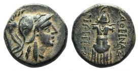 Mysia, Pergamon, c. 133-27 BC. Æ (18mm, 8.10g, 12h). Helmeted head of Athena r. R/ Trophy. SNG BnF 1875-1879. VF