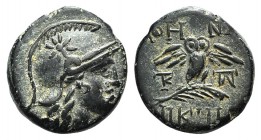Mysia, Pergamon, c. 133-27 BC. Æ (15mm, 3.56g, 12h). Helmeted head of Athena r. R/ Owl standing facing, with wings spread, on palm. SNG BnF 1913. Gree...