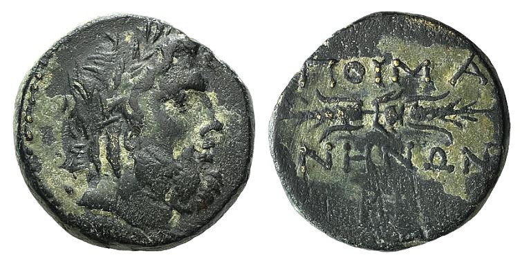Mysia, Poimaneon, c. 1st century BC. Æ (18mm, 8.15g, 1h). Laureate head of Zeus ...