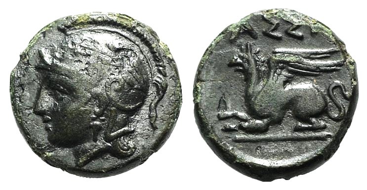 Troas, Assos, c. 400-241 BC. Æ (9mm, 1.26g, 9h). Helmeted and laureate head of A...