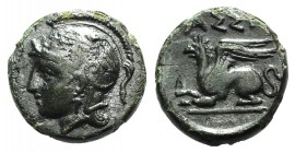Troas, Assos, c. 400-241 BC. Æ (9mm, 1.26g, 9h). Helmeted and laureate head of Athena l. R/ Griffin seated l. SNG Tübingen 2568. Green patina, VF