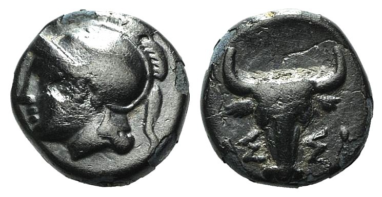 Troas, Assos, c. 400-241 BC. Æ (9mm, 1.38g, 2h). Helmeted head of Athena l. R/ B...