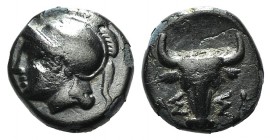 Troas, Assos, c. 400-241 BC. Æ (9mm, 1.38g, 2h). Helmeted head of Athena l. R/ Bucranium. SNG Copenhagen 241. VF