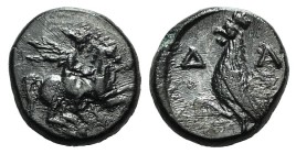Troas, Dardanos, 4th century BC. Æ (9mm, 1.08g, 12h). Horseman riding r. R/ Rooster standing l. SNG Copenhagen -; SNG von Aulock -; cf. SNG München 17...