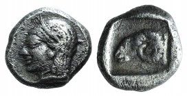 Troas, Kebren, c. 5th century BC. AR Diobol (8.5mm, 1.22g, 9h). Female head l. R/ Ram’s head l. within incuse square. SNG von Aulock 1546. VF