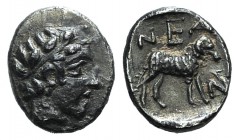 Troas, Neandria, 4th century BC. AR Obol (7mm, 0.51g, 6h). Laureate head of Apollo r. R/ Ram standing r. in shallow incuse square. SNG Copenhagen 446;...