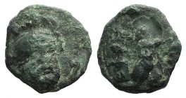 Troas, Ophrynion, 4th century BC. Æ (10mm, 1.52g, 12h). Helmeted head of Hektor facing slightly r. R/ Infant Dionysos kneeling r., holding grape clust...