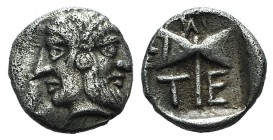 Islands of Troas, Tenedos, late 5th-early 4th century BC. AR Obol (7mm, 0.57g, 1h). Janiform head, female on l., male on r. R/ Labrys within incuse sq...