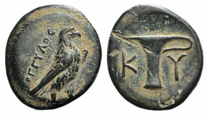 Aeolis, Kyme, c. 350-250 BC. Æ (17mm, 3.70g, 6h). Ongylos, magistrate. Eagle sta...