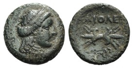 Lesbos Koinon, Methymna, c. 330-280 BC. Æ (16mm, 3.37g, 12h). Female head r., wearing stephane. R/ Thunderbolt; kerykeion below. BMC p. 172, 7-9; HGC ...
