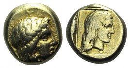 Lesbos, Mytilene, c. 412-378 BC. EL Hekte – Sixth Stater (9mm, 2.52g, 9h). Laureate head of Apollo r. R/ Head of female r. in linear square within inc...