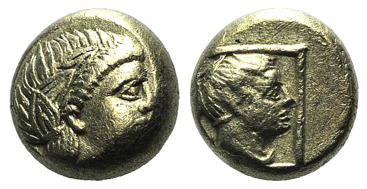 Lesbos, Mytilene, c. 377-326 BC. EL Hekte (8mm, 2.38g, 11h). Wreathed head of Di...
