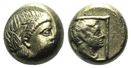 Lesbos, Mytilene, c. 377-326 BC. EL Hekte (8mm, 2.38g, 11h). Wreathed head of Dionysos r. R/ Head of female r., drapery at neck, within linear square....