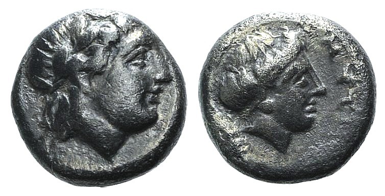 Lesbos, Mytilene, c. 400-350 BC. AR Diobol (8.5mm, 1.37g, 11h). Laureate head of...