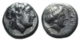 Lesbos, Mytilene, c. 400-350 BC. AR Diobol (8.5mm, 1.37g, 11h). Laureate head of Apollo r. R/ Female head r. SNG Copenhagen 367-9; HGC 6, 1037. Dark p...
