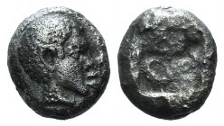 Lesbos, Unattributed early mint, c. 500-450 BC. BI Obol (7mm, 0.82g). Head of an African l. R/ Quadrapratite incuse square. HGC 6, 1088. Good Fine