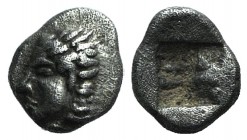 Ionia, Kolophon, late 6th century BC. AR Tetartemorion (4mm, 0.19g). Archaic head l. R/ Incuse square punch. SNG Kayhan 343-7; SNG von Aulock 1810. Go...