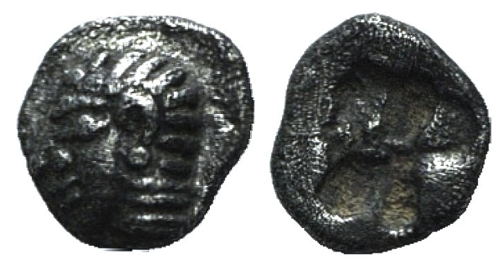 Ionia, Kolophon, late 6th century BC. AR Tetartemorion (5mm, 0.18g). Archaic hea...