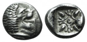 Ionia, Miletos, late 6th-early 5th century BC. AR Diobol (9mm, 1.19g). Forepart of a lion l., head r. R/ Stellate design within square incuse. SNG Kay...