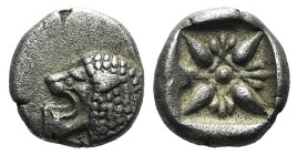 Ionia, Miletos, late 6th-early 5th century BC. AR Diobol (8mm, 0.94g). Forepart of a lion r., head l. R/ Stellate design within square incuse. SNG Kay...