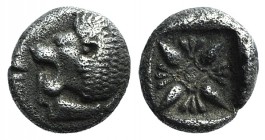 Ionia, Miletos, late 6th-early 5th century BC. AR Diobol (10mm, 1.01g). Forepart of a lion r., head l. R/ Stellate design within square incuse. SNG Ka...