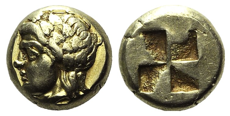 Ionia, Phokaia, c. 478-387 BC. EL Hekte – Sixth Stater (9mm, 2.54g). Satyr's hea...