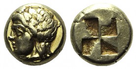 Ionia, Phokaia, c. 478-387 BC. EL Hekte – Sixth Stater (9mm, 2.54g). Satyr's head l. wearing wreath of ivy. R/ Quadripartite incuse square. Bodenstedt...