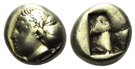 Ionia, Phokaia, c. 387-326 BC. EL Hekte (9mm, 2.51g). Laureate female head l., hair in sakkos; below, inverted seal r. R/ Quadripartite incuse square....