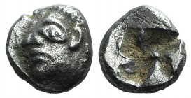 Ionia, Phokaia, c. 521-478 BC. AR Diobol (7mm, 1.06g). Archaic female head l. R/ Quadripartite incuse square. Klein 452-3. VF