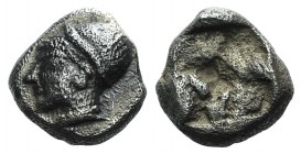 Ionia, Phokaia, c. 521-478 BC. AR Diobol (8mm, 1.34g). Archaic female head l. R/ Quadripartite incuse square. Klein 452-3. Porous, VF