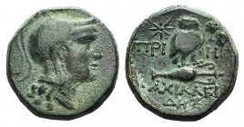 Ionia, Priene, c. 150-125 BC. Æ (20mm, 7.71g, 12h). Achilleides, magistrate. Helmeted head of Athena r. R/ Owl standing r. on amphora; in l. field, st...