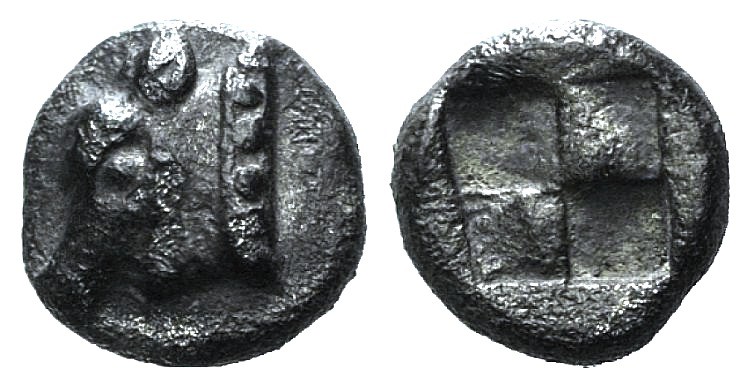 Ionia, Uncertain, c. 550-500 BC. AR Hemiobol (6mm, 0.44g). Head of calf l. R/ Qu...