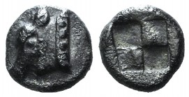 Ionia, Uncertain, c. 550-500 BC. AR Hemiobol (6mm, 0.44g). Head of calf l. R/ Quadripartite incuse square. SNG von Aulock 2288. Dark patina, near VF