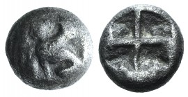 Islands of Ionia, Chios, c. 400-380 BC. AR Hemidrachm (9mm, 1.96g). Sphinx seated l. R/ Quadripartite incuse square. SNG Copenhagen 1547. Good Fine