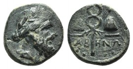 Caria, Tabai, 2nd-1st centuries BC. Æ (15mm, 3.37g, 1h). Laureate head of Zeus r. R/ Kerykeion between piloi of the Dioskouroi. SNG Copenhagen 521. Go...