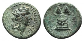Caria, Tabai, c. 2nd-1st century BC. Æ (17mm, 4.15g, 12h). Laureate head of Dionysos r. R/ Two pileii on altar; kerykeion between. SNG Copenhagen 539....