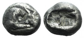 Kings of Lydia, Kroisos (c. 564/53-550/39 BC). AR Third Stater (11mm, 3.50g). Sardes. Confronted foreparts of lion r. and bull l. R/ Two incuse square...