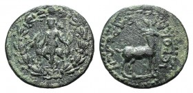 Lydia, Hierocaesaraea. Pseudo-autonomous issue, 1st-2nd centuries AD. Æ (20mm, 4.02g, 12h). Artemis standing l., holding bow; beside her, stag standin...