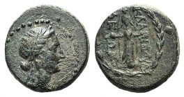 Lydia, Klannudda, c. 2nd-1st centuries BC. Æ (16mm, 4.14g, 12h). Laureate head of Apollo r. R/ Cult statue of Artemis Anaïtis facing. SNG von Aulock 2...